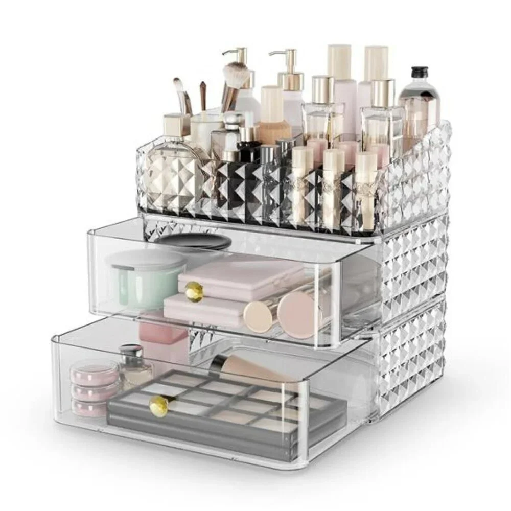 Clear stackable makeup organizer with drawers tray vanity storage case